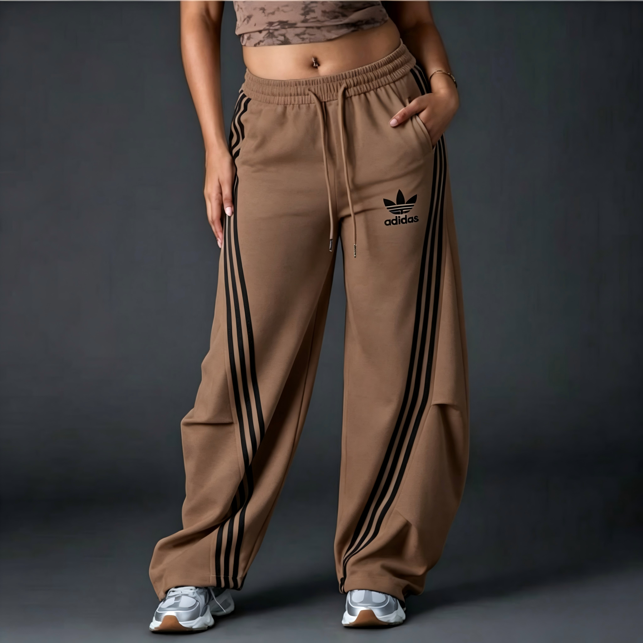 Women's Striped Wide‑Leg Sweatpants, Casual High Waist Drawstring Loose Fit Sport Trousers with Pockets for Daily Workout Streetwear