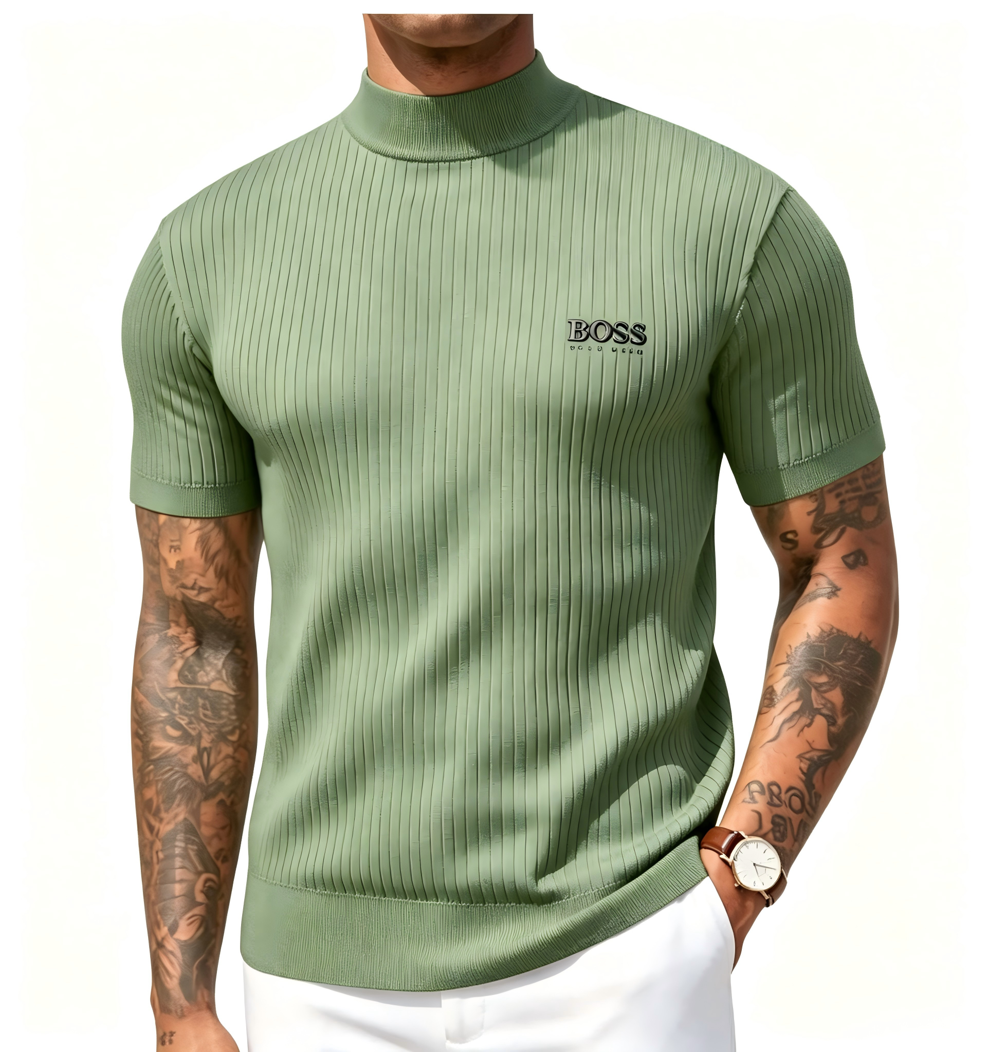 Men's high-neck short-sleeved knit sweater, vertical striped slim-fit pullover T-shirt, casual business top.