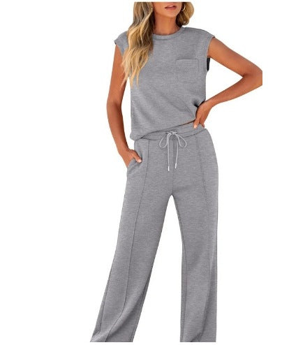 Women's Casual Solid Color Sleeveless Sports Suit, Everyday Ease Comfort Two-Piece Set